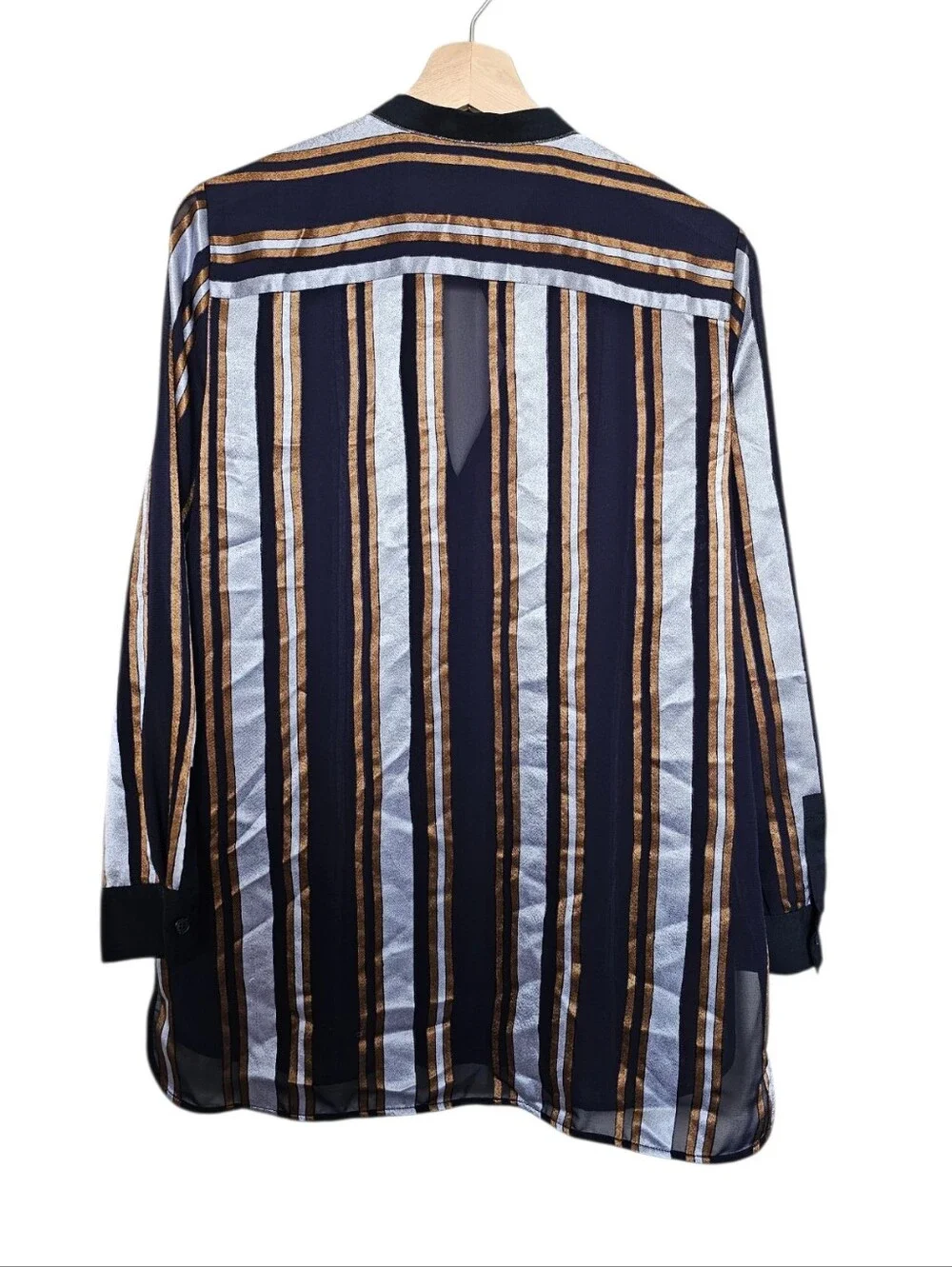 Lafayette 148 Striped Long Sleeve Button-Front Blouse in Navy, Silver & Gold - Picture 3 of 6